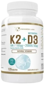 Witamina K2 MK-7 z natto 100mcg + D3 2000IU 50mcg 120 tabletek, Progress Labs