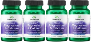 4 x Swanson Albion Magnesium & Calcium – Albion Chelat Magnezu i Wapnia z D-3 i K-2 60 kapsułek – Kości Magnez Wapń