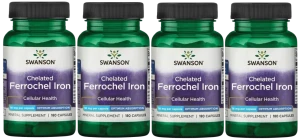 4 x Swanson Chelated Ferrochel Iron (Chelat Żelaza Ferrochel) 18 mg 180 kapsułek – Żelazo Krew Energia