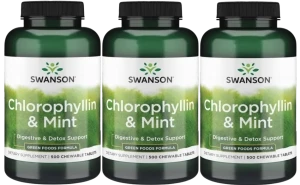 3 x Swanson Chlorophyllin & Mint - Chlorofil z miętą 500 tabletek do ssania - Oczyszczenie Organizmu i Świeży Oddech