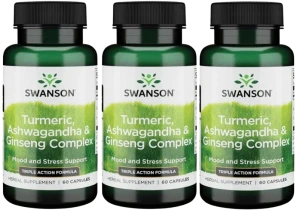 3 x Swanson Turmeric Ashwagandha & Ginseng Complex 60 kapsułek - Odporność Układ Nerwowy 