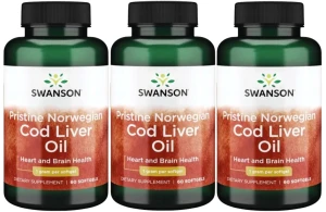 3 x Pristine Norwegian Cod liver oil 60kaps, Swanson