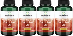 4 x Pristine Norwegian Cod liver oil 60kaps, Swanson