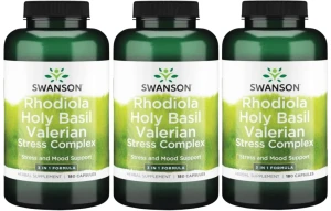 3 x Rhodiola Holy Basil Valerian Stress Complex 180 kaps, Swanson