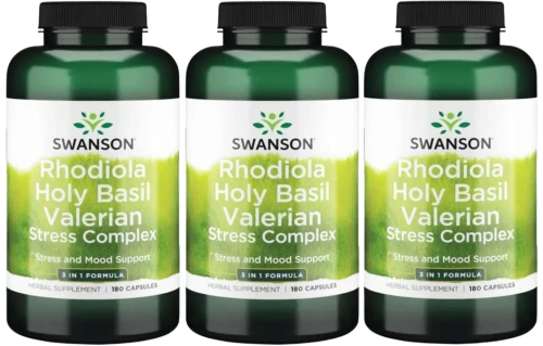 3 x Rhodiola Holy Basil Valerian Stress Complex 180 kaps, Swanson.webp