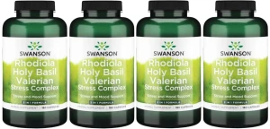 4 x Rhodiola Holy Basil Valerian Stress Complex 180 kaps, Swanson