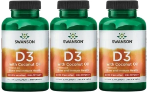 3 x D-3 with Coconut Oil - Witamina D-3 2000IU z olejem z kokosowym 60kaps, Swanson