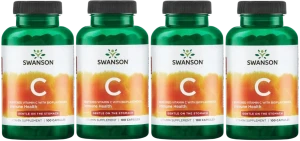 Zestaw 4x Swanson C - Buffered Vitamin C with Bioflavonoids - Witamina C500 buforow + bioflaw 100 kapsułek - Odporność Antyoksydant Gojenie Ran