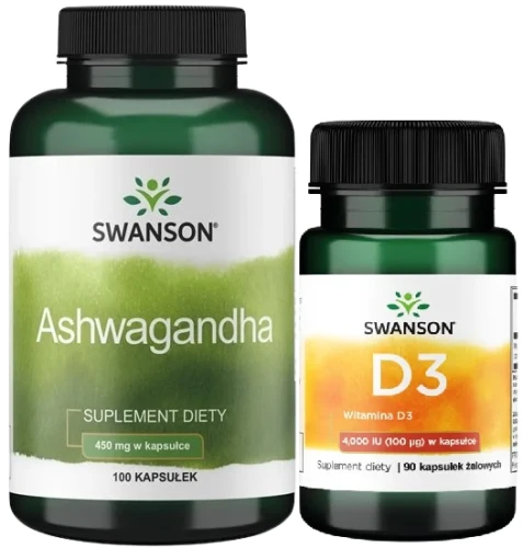 Zestaw Ashwagandha 450mg 100caps + D3 Witamina D-3 4000IU 90 kaps, Swanson.webp