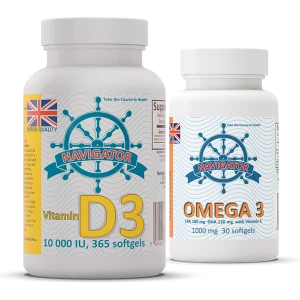  Zestaw Navigator D3 10000 IU 365 kapsułek + OMEGA 3 30 kapsułek GRATIS - Odporność Kości Wzrok Mózg