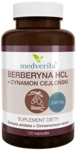 Berberyna HCL 98% 250mg + Cynamon 120 kapsułek, Medverita