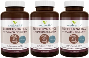 3 x Berberyna HCL 98% 250mg + Cynamon 120 kapsułek, Medverita