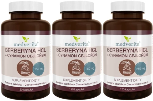 3 x Berberyna HCL 98% 250mg + Cynamon 120 kapsułek, Medverita.webp