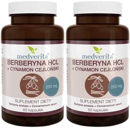2 x Berberyna HCL 98% 250mg + Cynamon 60 kapsułek, Medverita.webp