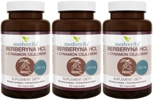 3 x Berberyna HCL 98% 250mg + Cynamon 60 kapsułek, Medverita