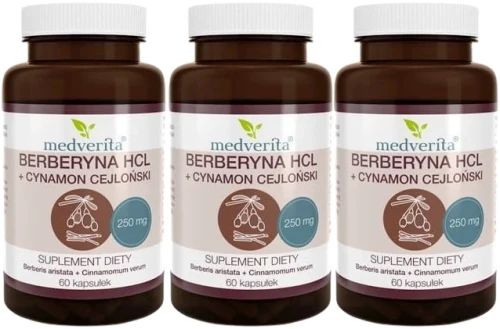 3 x Berberyna HCL 98% 250mg + Cynamon 60 kapsułek, Medverita.webp