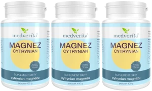 3 x Medverita Magnez Cytrynian 400g Proszek - Kości Mięśnie Pamięć Koncentracja