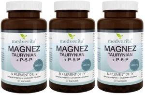 3 x Medverita Magnez Taurynian + P-5-P 50 kapsułek - Równowaga Elektrolitowa Synteza Białek