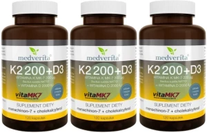 3 x Witamina K2 MK-7 200 ug+ D3 2000IU 120 kapsułek, Medverita
