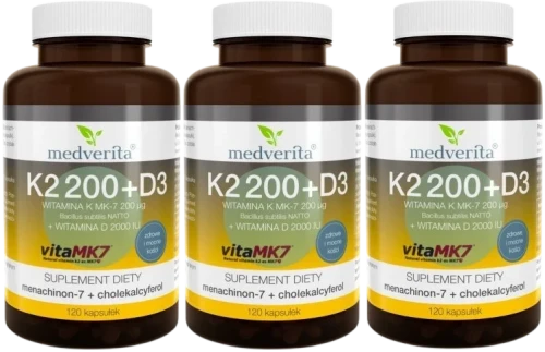 3 x Witamina K2 MK-7 200 ug+ D3 2000IU 120 kapsułek, Medverita.webp