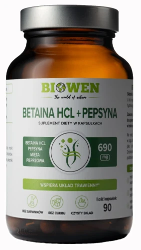 Betaina HCL + pepsyna + mięta pieprzowa - 90 kaps, Biowen