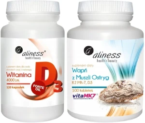 Witamina D3 FORTE oil 4000 j.m. 120 kapsułek + Wapń z muszli ostryg z K2 MK7 i D3 x 100 tabletek Aliness