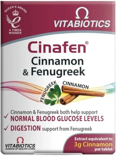 Cinafen Cinnamon &amp; Fenugreek cynamon z kozieradką suplement diety 60 tabletek, Vitabiotics.webp