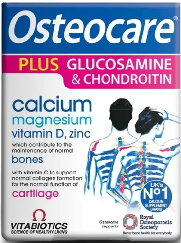 Osteocare Plus Glucosamine &amp; Chondroitin suplement diety z glukozaminą i chondroityną wspierający zdrowie kości 60 tabletek, Vitabiotics.webp