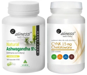 Natural Ashwagandha 560 mg 9% x 100  kapsułek + Cynk chelatowany 15 mg x 100 tabletek wegańskich Aliness