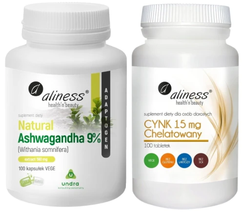 Natural Ashwagandha 560 mg 9% x 100 Vege caps. + Cynk chelatowany 15 mg x 100 tabletek Vege, Aliness