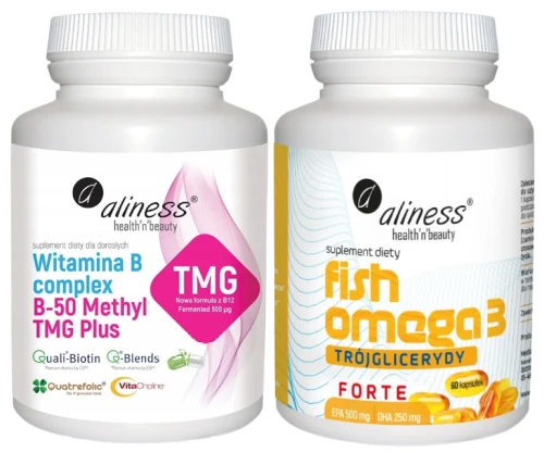 Witamina B-50 Complex + Fish Omega 3 FORTE Trójglicerydy 500/250mg, Aliness