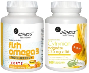Cytrynian Magnezu 125 mg z B6 (P-5-P) 100 kaps VEGE Aliness + Fish Omega 3 FORTE 500/250mg x 90 kapsułek, Aliness