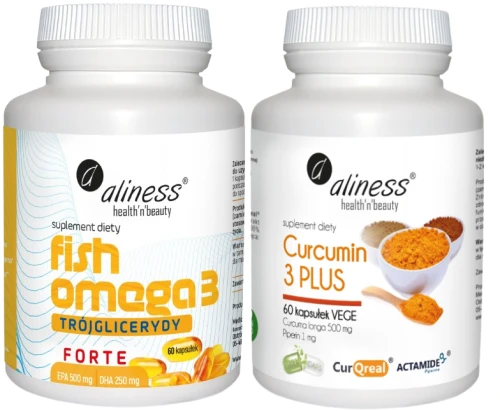 Fish Omega 3 FORTE Trójglicerydy 500/250mg, Aliness + Curcumin 3 Kurkumina i Piperyna, Aliness