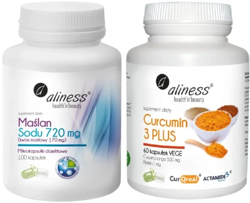 Zestaw Maślan Sodu 720 mg (Kwas masłowy 170 mg) x 100 VEGE kaps. + Curcumin 3 Complex Kurkumina i Piperyna Aliness.webp
