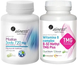 Zestaw Maślan Sodu 720 mg (Kwas masłowy 170 mg) x 100 VEGE kaps. + Witamina B-50 complex Methyl TMG 100 kaps, Aliness