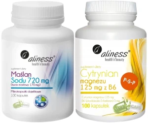 Zestaw Maślan Sodu 720 mg (Kwas masłowy 170 mg) x 100 VEGE kaps. + Cytrynian Magnezu 125 mg z B6 (P-5-P) 100 kaps VEGE Aliness