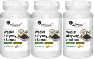 Zestaw 3x - Aliness Węgiel aktywny z kokosa Food Grade 100 kapsułek - Wzdęcia Zaparcia Trawienie Układ Pokarmowy