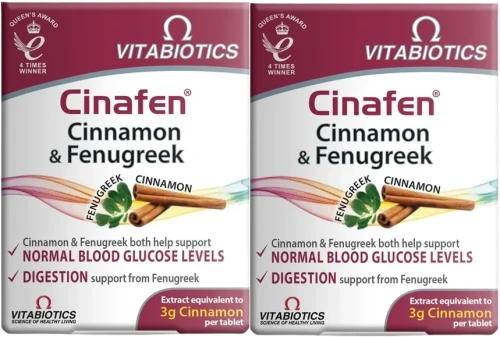 2 x Cinafen Cinnamon &amp; Fenugreek cynamon z kozieradką suplement diety 60 tabletek, Vitabiotics.webp