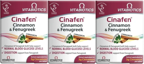 3 x Cinafen Cinnamon &amp; Fenugreek cynamon z kozieradką suplement diety 60 tabletek, Vitabiotics.webp