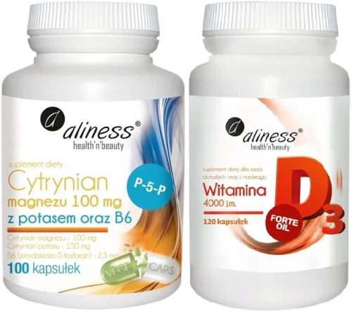 Zestaw Cytrynian Magnezu z potasem 100 VEGE kaps. + Witamina D3 FORTE oil 4000 j.m. 120 kapsułek, Aliness.webp