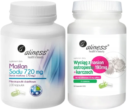 Zestaw Maślan Sodu 720 mg (Kwas masłowy 170 mg) x 100 VEGE kaps. + Ostropest + Karczoch ekstrakt 100 caps vege Aliness.webp
