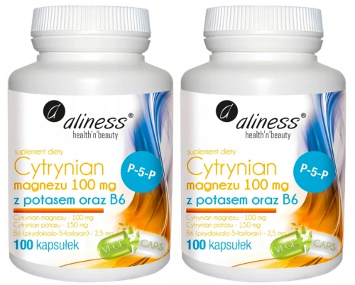 Zestaw Cytrynian Magnezu 100 mg z potasem 150 mg oraz B6 (P-5-P) x 100 VEGE 2 sztuki, Aliness