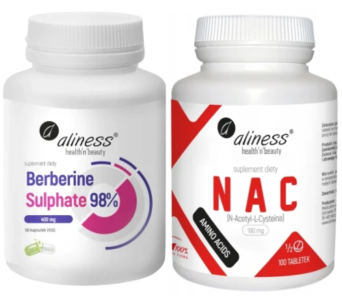 Berberine Sulphate 99% 400 mg x 60 vege caps + NAC N-Acetyl L-Cysteina 190mg 100 tabletek., Aliness
