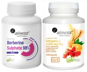 Zestaw Aliness Berberine Sulphate 98% 400mg 60 kapsułek VEGE + Witamina C 1000 mg Plus Bioflawonoidy 100 kapsułek - Glukoza Cholesterol Odporność Skóra