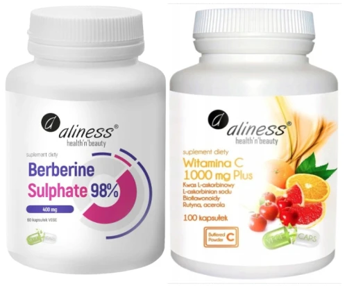 Zestaw Berberine Sulphate 98% 400 mg x 60 vege caps + Witamina C 1000 mg Plus Bioflawonoidy Aliness kapsułki