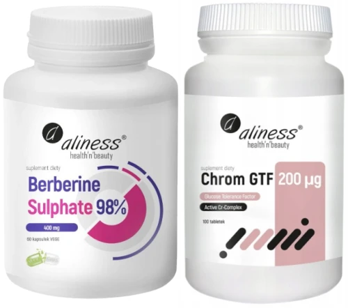 Zestaw Berberine Sulphate 98% 400 mg x 60 vege caps+ Chrom GTF Active Cr-Complex 200 µg x 100 tabletek vege Aliness