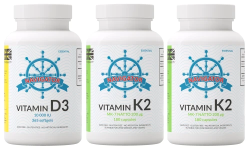 Zestaw 1x Witamina D3 10000 IU 365 kaps. + 2x K2 MK-7 200 μg 180 kaps., Navigator