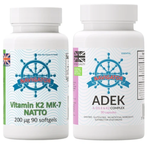 Witamina K2 MK-7 200 μg, 90 kapsułek miękkich (softgels) + ADEK Complex 30 kapsułek, Navigator