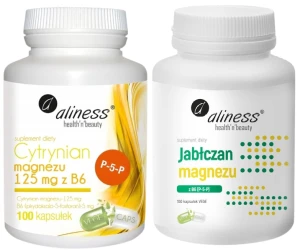 Zestaw Aliness Cytrynian Magnezu 125mg z B6 (P-5-P) 100 kapsułek + Jabłczan magnezu 140mg z B6 100 kapsułek - Mięśnie Układ Nerwowy Odporność Zmęczenie