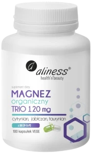 Aliness Magnez Organiczny TRIO-120 mg 100 kapsułek VEGE - Układ Nerwowy Mięśnie Zmęczenie